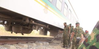 Top military officers visit scene of train bombed by bandits in Kaduna