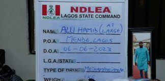 NDLEA uncovers Meth Lab in Lagos residential community, recovers packs of illicit drug. Intercepts UK-bound skunk in native black soap; tramadol pills in women hair
