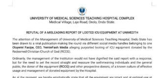 REFUTAL OF A MISLEADING REPORT OF LOOTED ICU EQUIPMENT AT UNIMEDTH