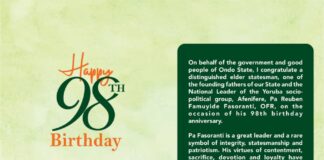 YOU ARE A SYMBOL OF INTEGRITY, STATESMANSHIP AND PATRIOTISM, GOV AIYEDATIWA CELEBRATES PA REUBEN FASORANTI AT 98